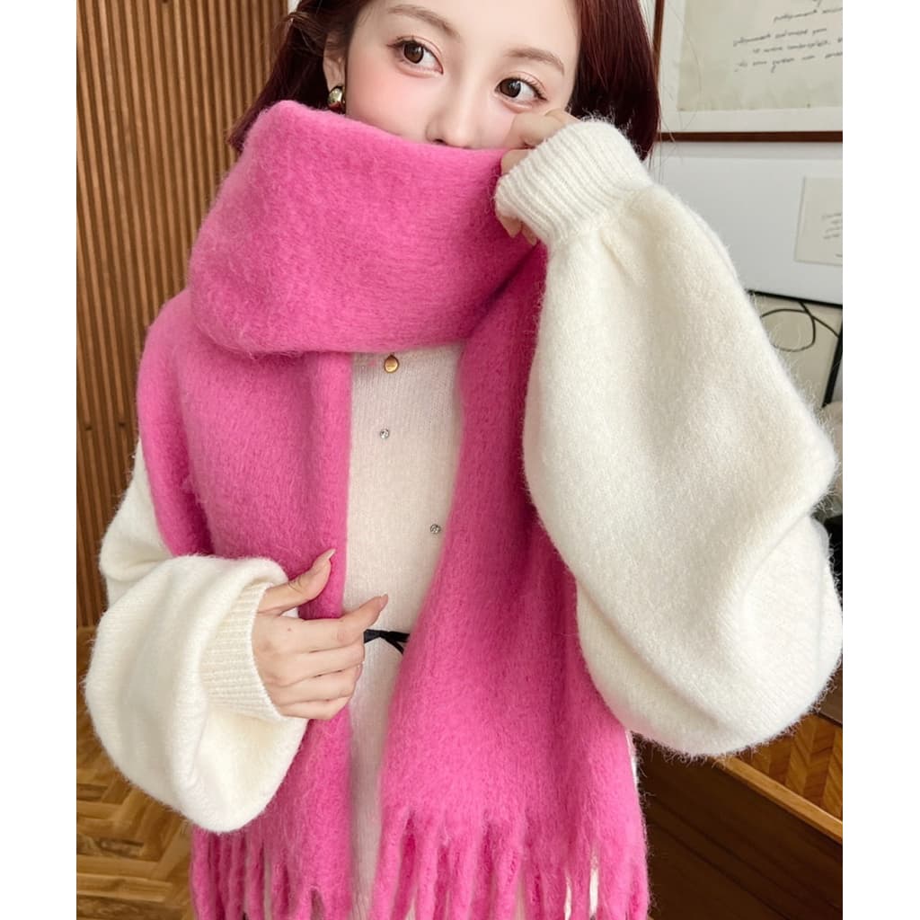 日本代購🐝日本熱銷21萬條🔥現貨當日出｜經典爆款厚實小臉秋冬色系流蘇保暖圍巾（多色可選） 縮圖 2